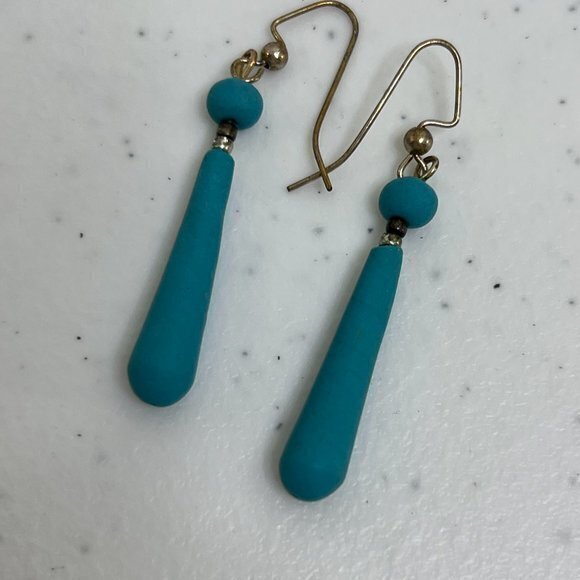 Faux Turquoise Earrings Drop Dangle Silver Tone Long Southwestern Beaded Used, s - Picture 4 of 5